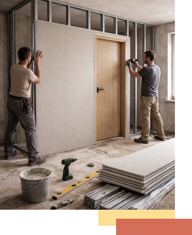 Перегородка из гипсокартона с дверью под ключ в Колпино