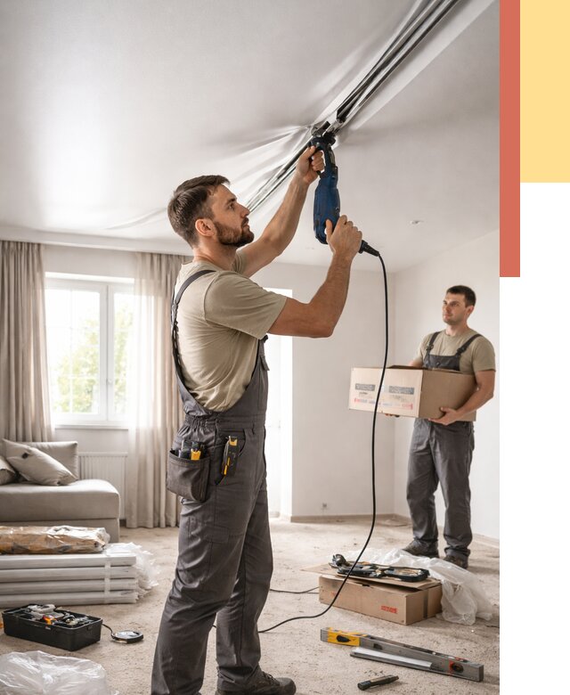 Монтаж сатинового натяжного потолка в Колпино от 3610 руб. | Быстро, недорого — ОТДЕЛОЧНИК-Клп