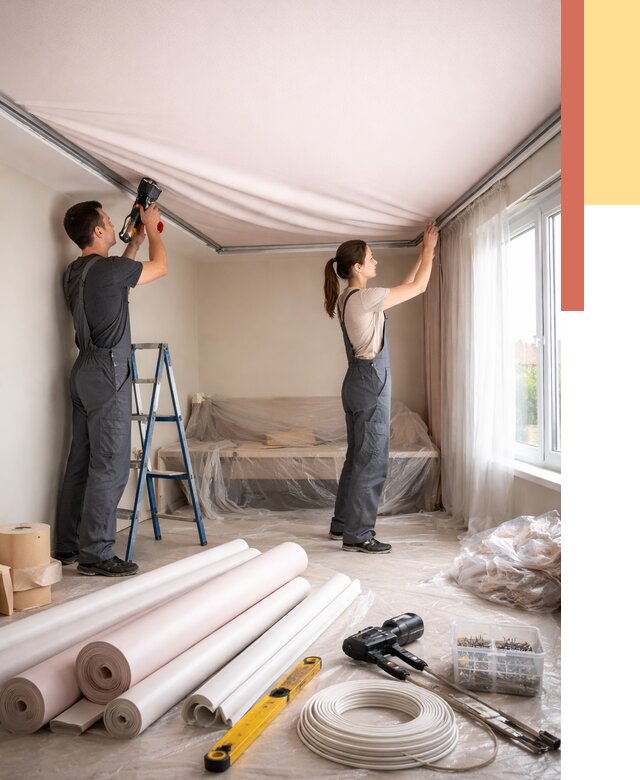 Монтаж цветного натяжного потолка в Колпино от 4332 руб/м² — быстро и недорого | ОТДЕЛОЧНИК-Клп