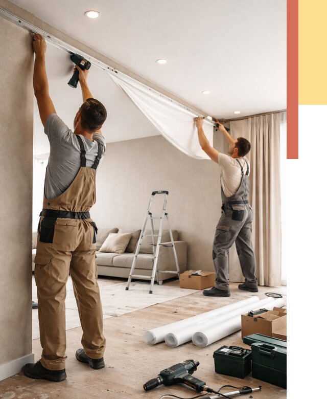 Монтаж натяжного потолка в гостиной в Колпино от 567 руб. | ОТДЕЛОЧНИК-Клп