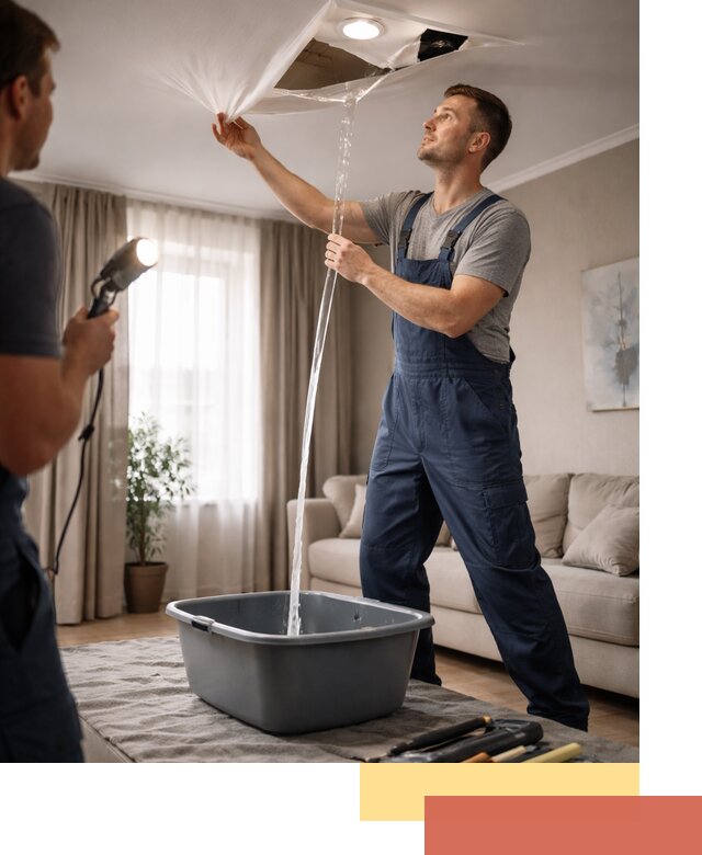 Слив воды с натяжного потолка в Колпино быстро и аккуратно