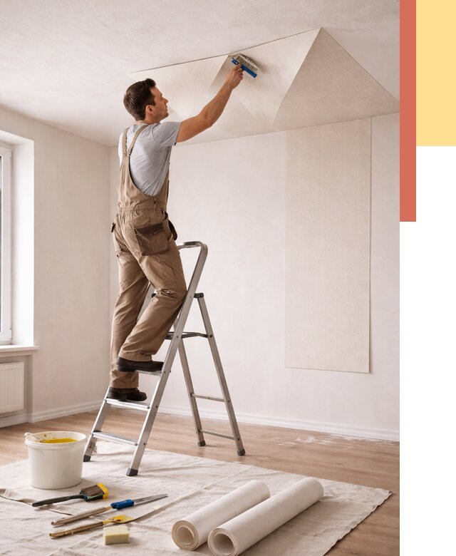 Поклейка обоев на потолок в Колпино от 4642 руб. быстро и недорого | ОТДЕЛОЧНИК-Клп